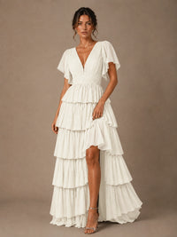 Chiffon V-Neck Tiered Ruffle Bridesmaid Dress with Slit