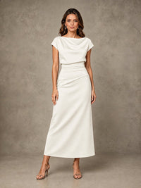 Cowl Neck Satin Mother of the Bride Dress with Ruched Waist