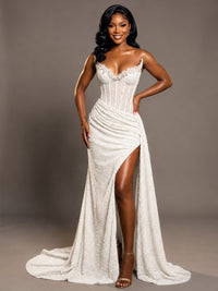 Ivory Strapless Sequin Corset Mermaid Prom Dress with High Slit & Train Sparkly Evening Formal Gown