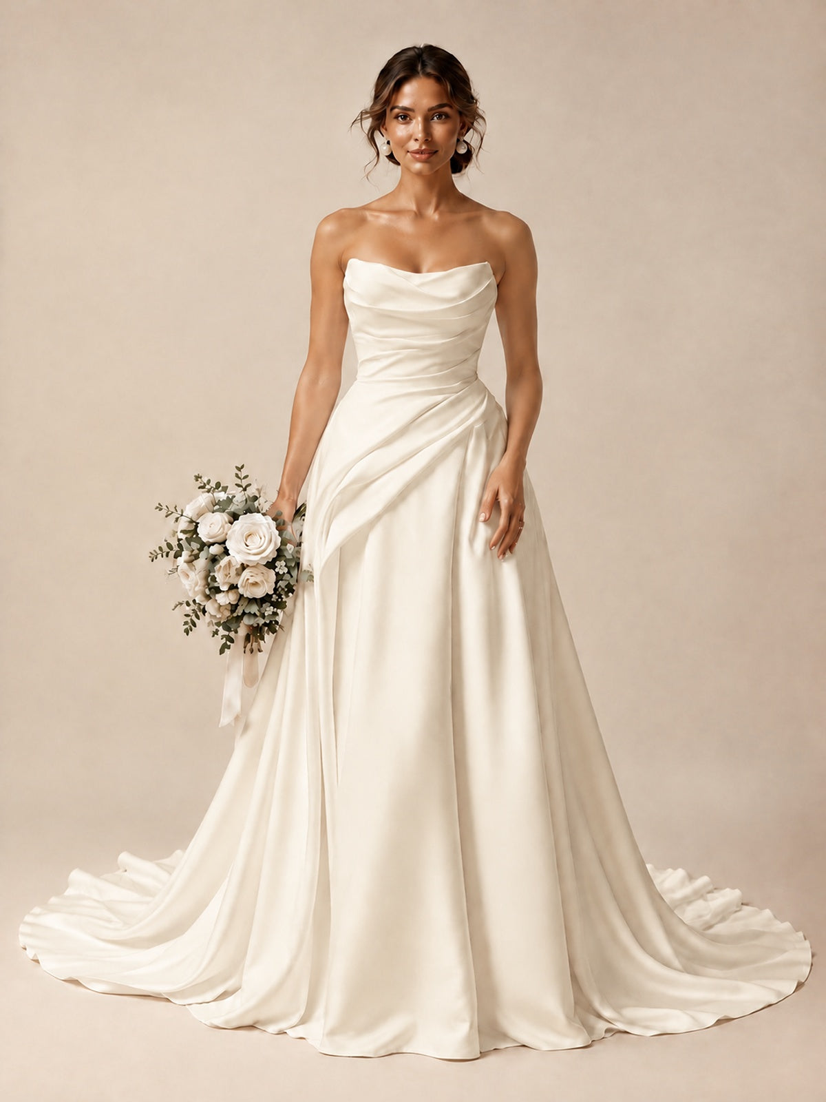 Split Pleated Satin Wedding Dress Strapless Bridal Wedding Gowns with Lace-Up Back