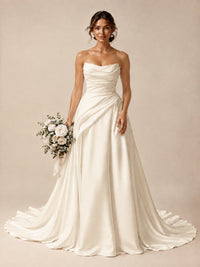 Split Pleated Satin Wedding Dress Strapless Bridal Wedding Gowns with Lace-Up Back