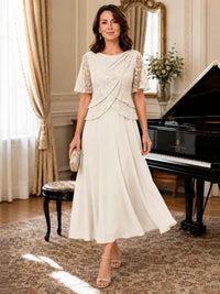 Tea-Length Chiffon Mother of the Bride Dress with Sequin Lace Sleeves