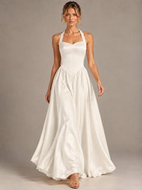 Light Yellow Halter Neck Satin A-Line Maxi Dress with Pockets