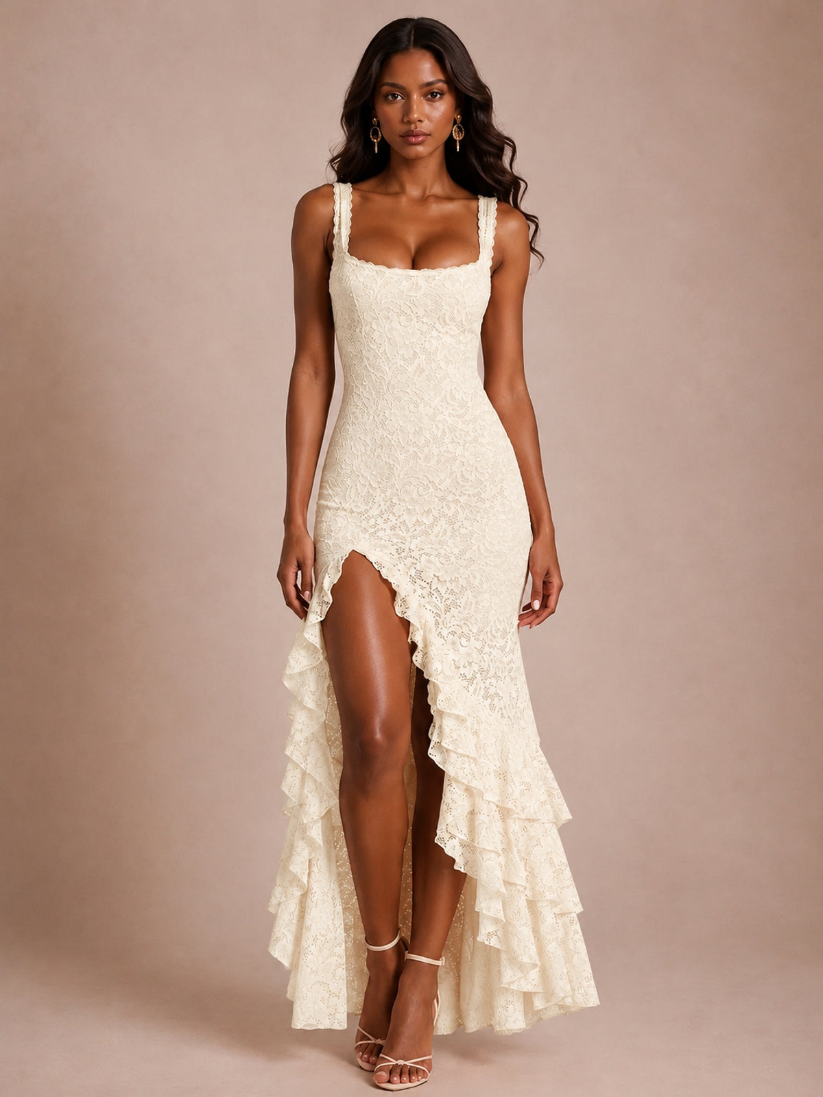 Square-Neck Lace Ruffle High-Low Maxi Dress