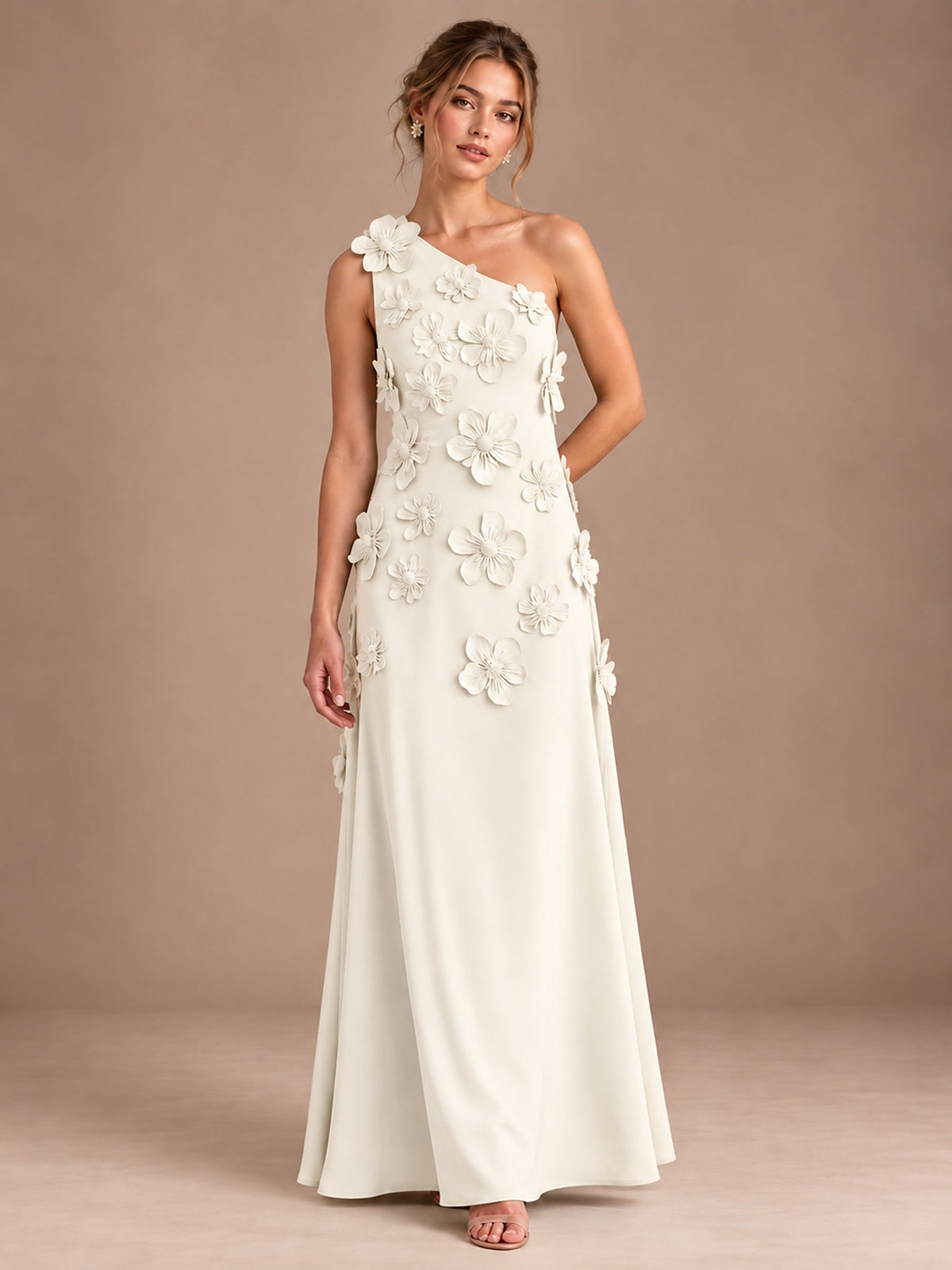 Ivory- One Shoulder Satin Formal Maxi Dress with 3D Floral