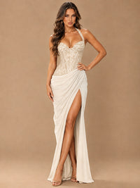 Sweetheart Halter Prom Dress Pleated Lace Floral Formal Dress with Slit