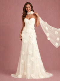 Blush Pink Strapless Sweetheart 3D Floral Tulle Mermaid Prom Dress