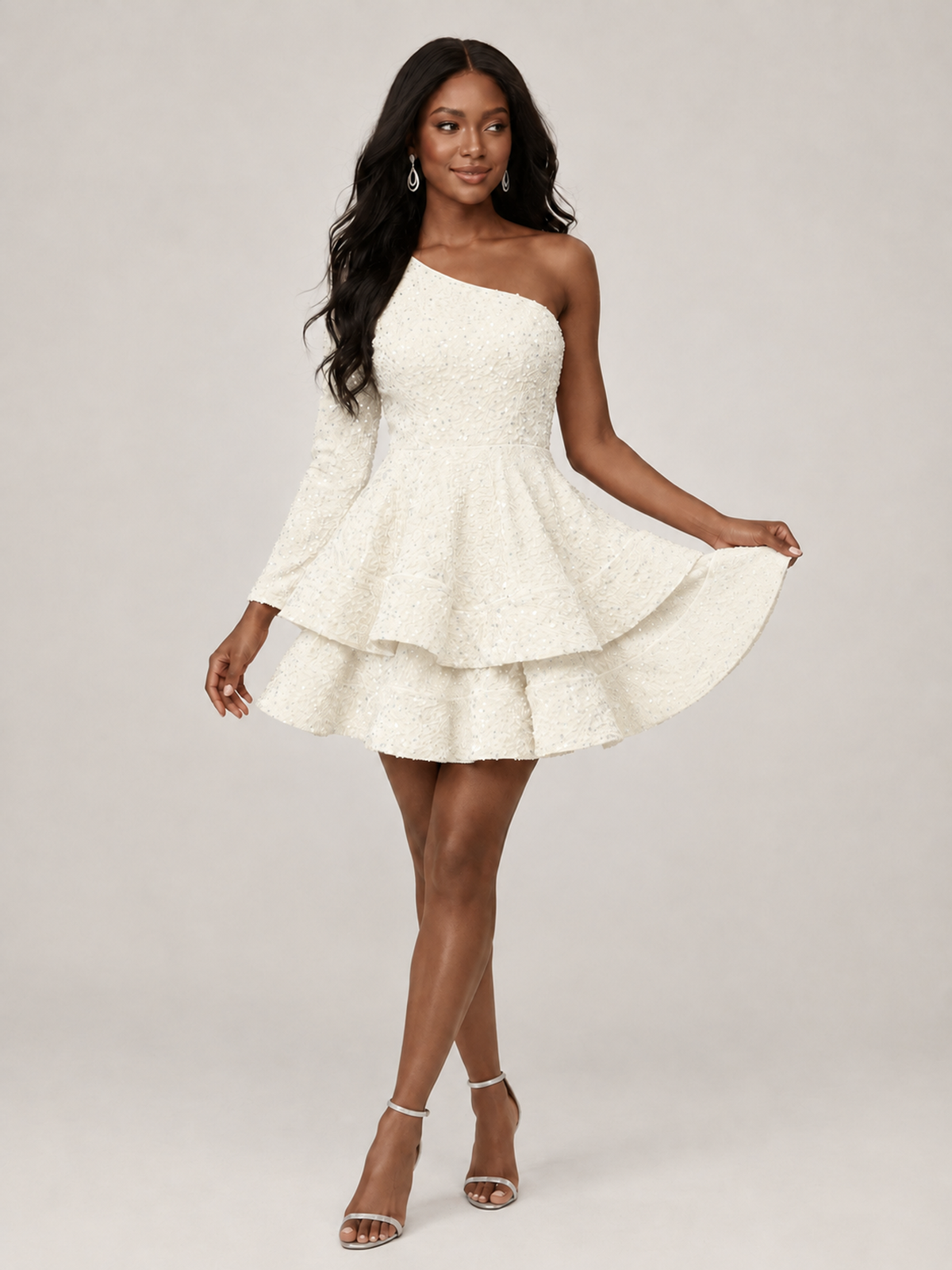 Puffy One Shoulder Sequin Tiered Mini Dress