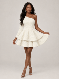 Puffy One Shoulder Sequin Tiered Mini Dress