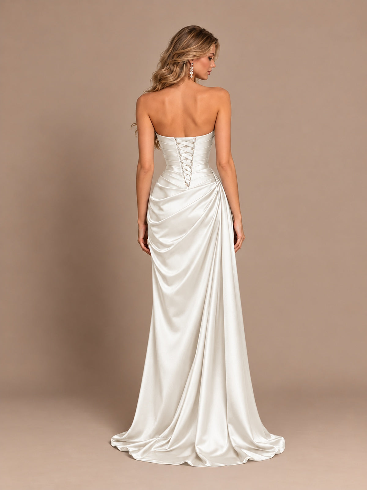 Dusty Blue Strapless Satin Prom Dress with Ruched Bodice and Slit