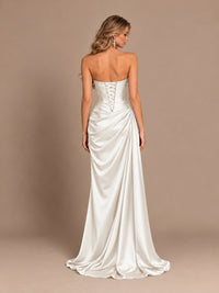 Dusty Blue Strapless Satin Prom Dress with Ruched Bodice and Slit