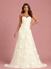 3D Floral Applique Strapless Tulle Prom Dress with High Slit