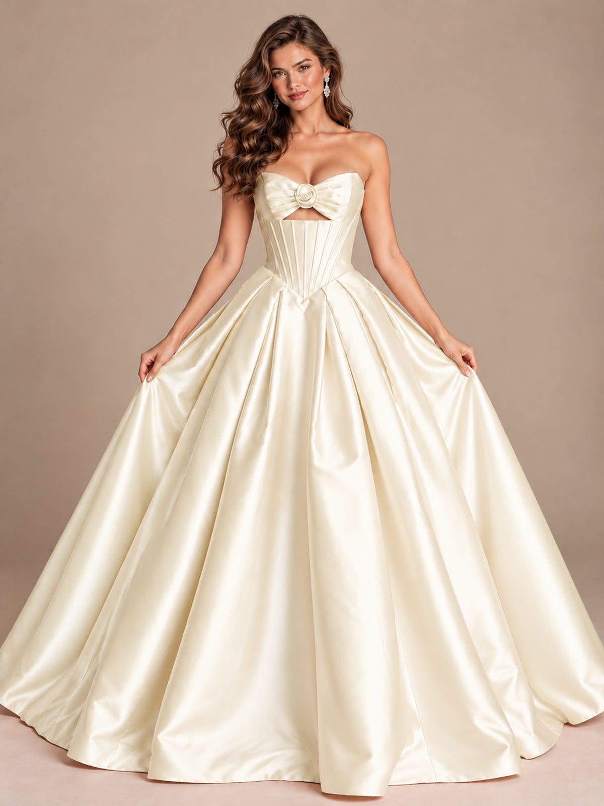 Pink Strapless Corset Satin Prom Derss & Ball Gown with 3D Floral