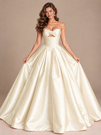 Pink Strapless Corset Satin Prom Derss & Ball Gown with 3D Floral