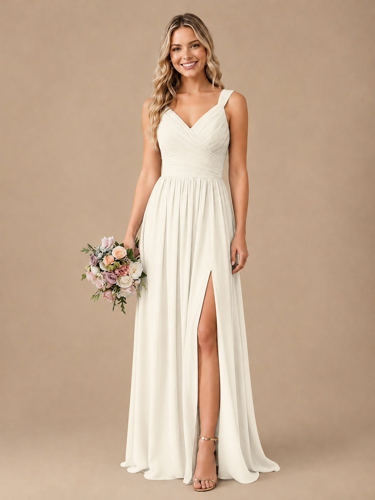 Pleated Chiffon V Neck Wedding Bridesmaid Dresses Floor Length with Slit