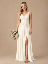 Pleated Chiffon V Neck Wedding Bridesmaid Dresses Floor Length with Slit