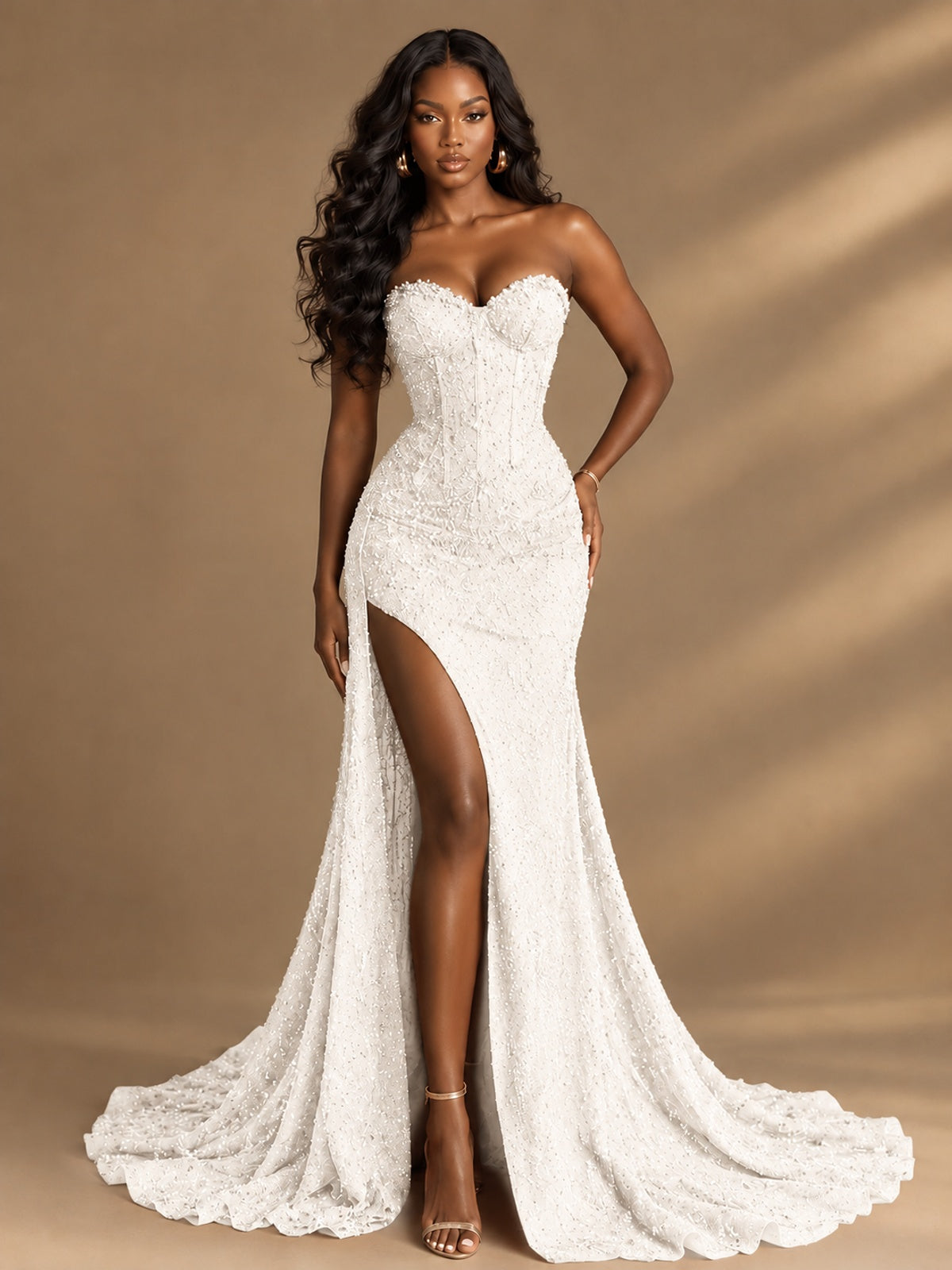 Beaded Sequin Prom Dress Strapless Formal Gowns with High Slit Train