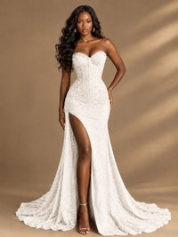 Beaded Sequin Prom Dress Strapless Formal Gowns with High Slit Train