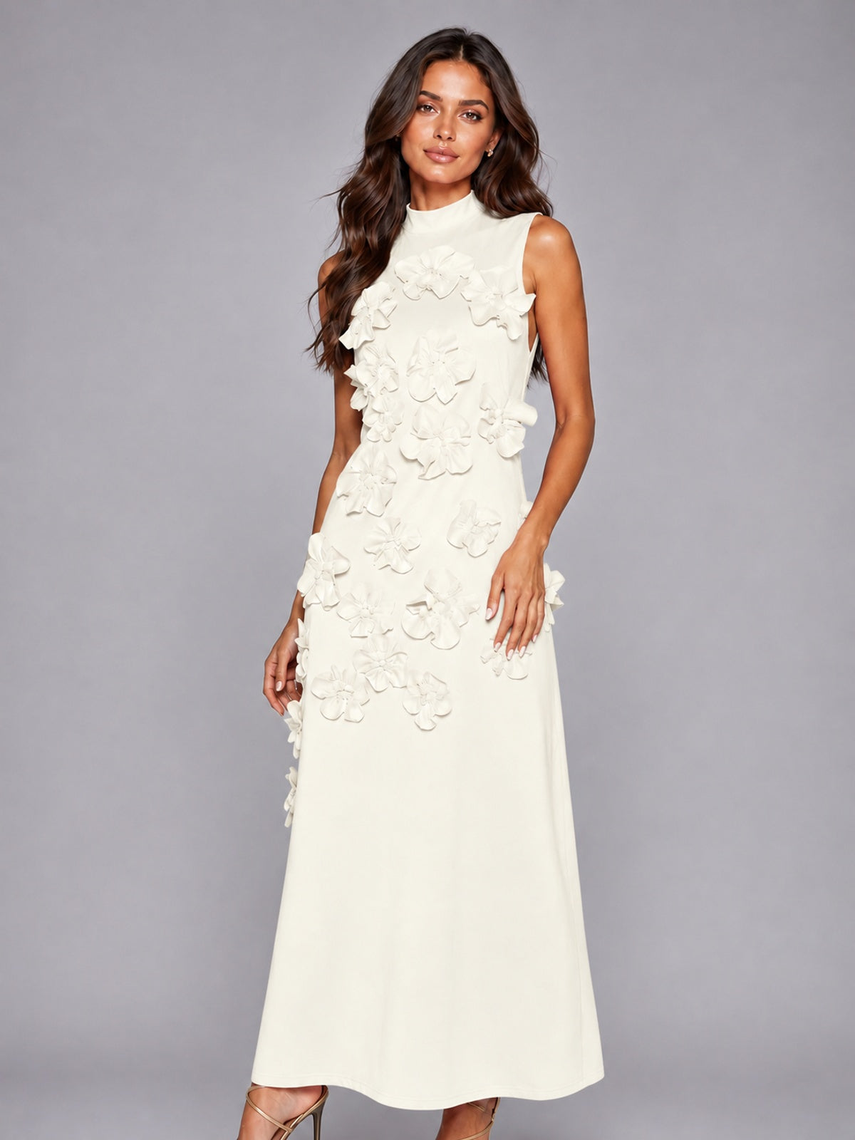 3D Floral Applique High Neck Prom Maxi Dress