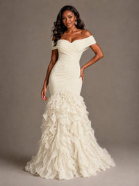 Pink Off-the-Shoulder Mermaid Prom Dress with Ruffles 3D Flowers