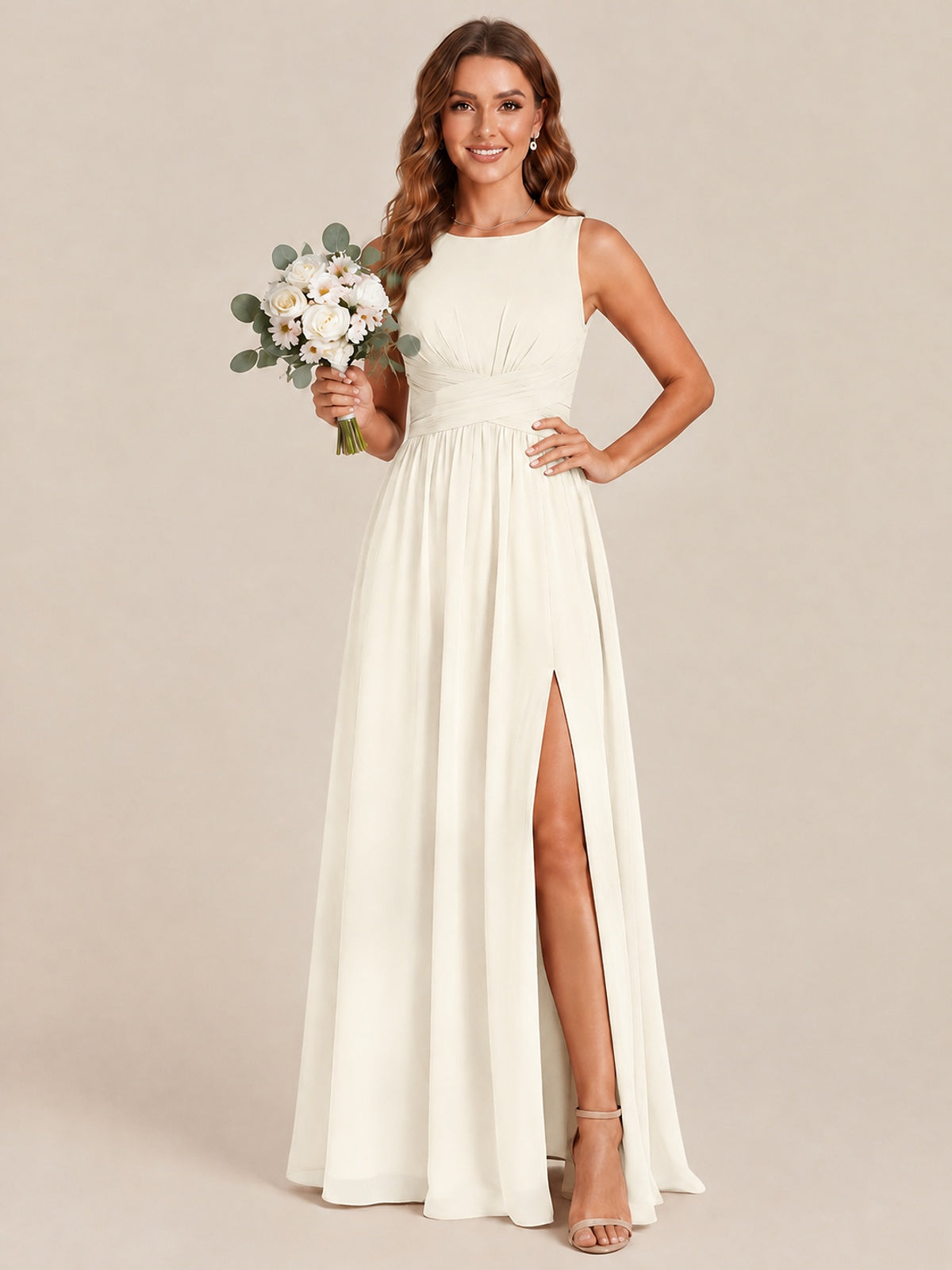 A-line Sleeveless Rucehd Chiffon Bridesmaid Dress with High Slit