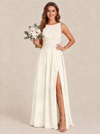 A-line Sleeveless Rucehd Chiffon Bridesmaid Dress with High Slit
