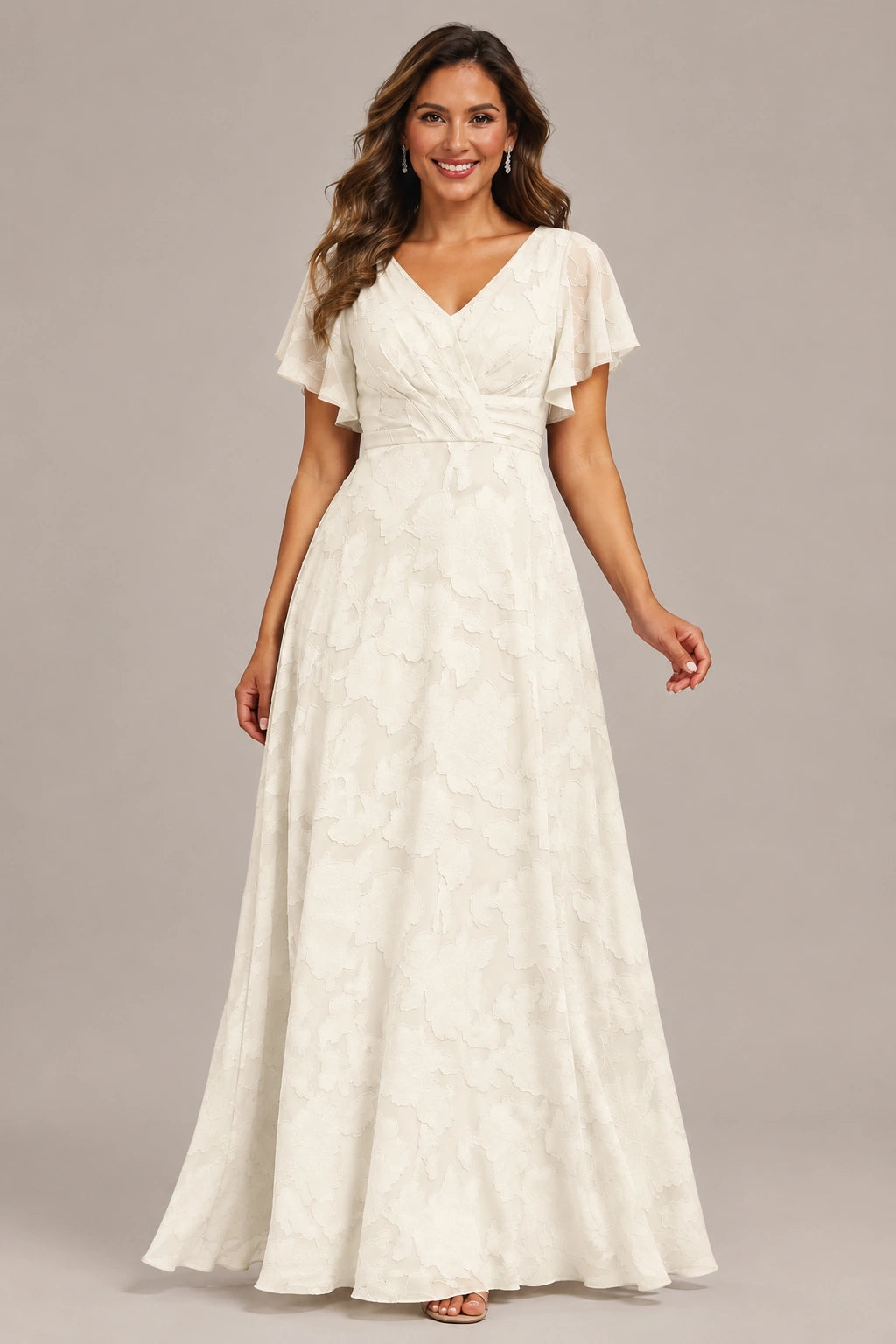 Jovellee Floral Chiffon A-Line Mother of the Bride Dress with Flutter Sleeves