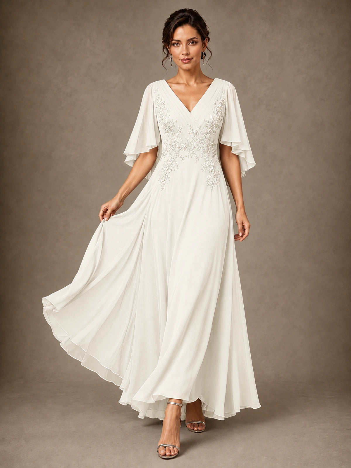 V-Neck Chiffon Lace Mother of the Bride Dress with Flutter Sleeves