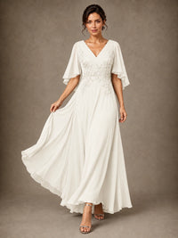 V-Neck Chiffon Lace Mother of the Bride Dress with Flutter Sleeves