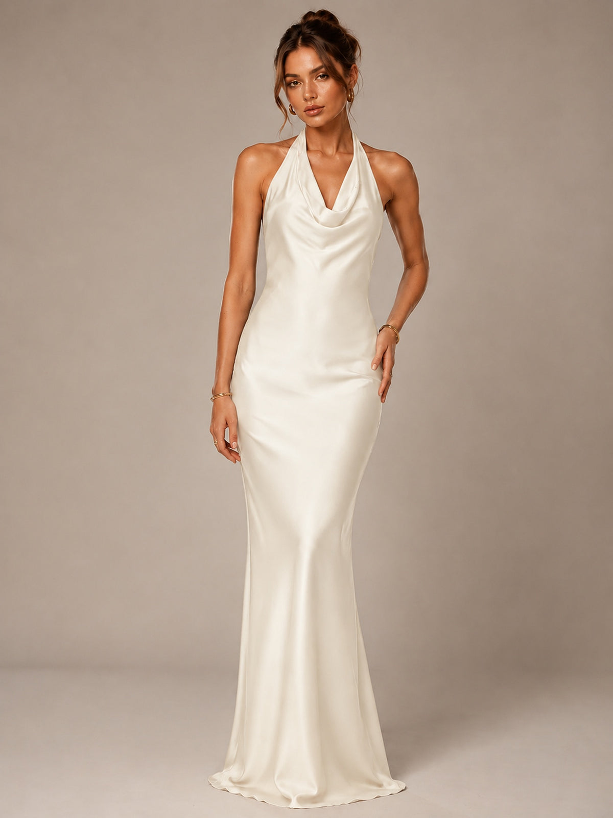 Olive Green Halter Satin Mermaid Maxi Dress