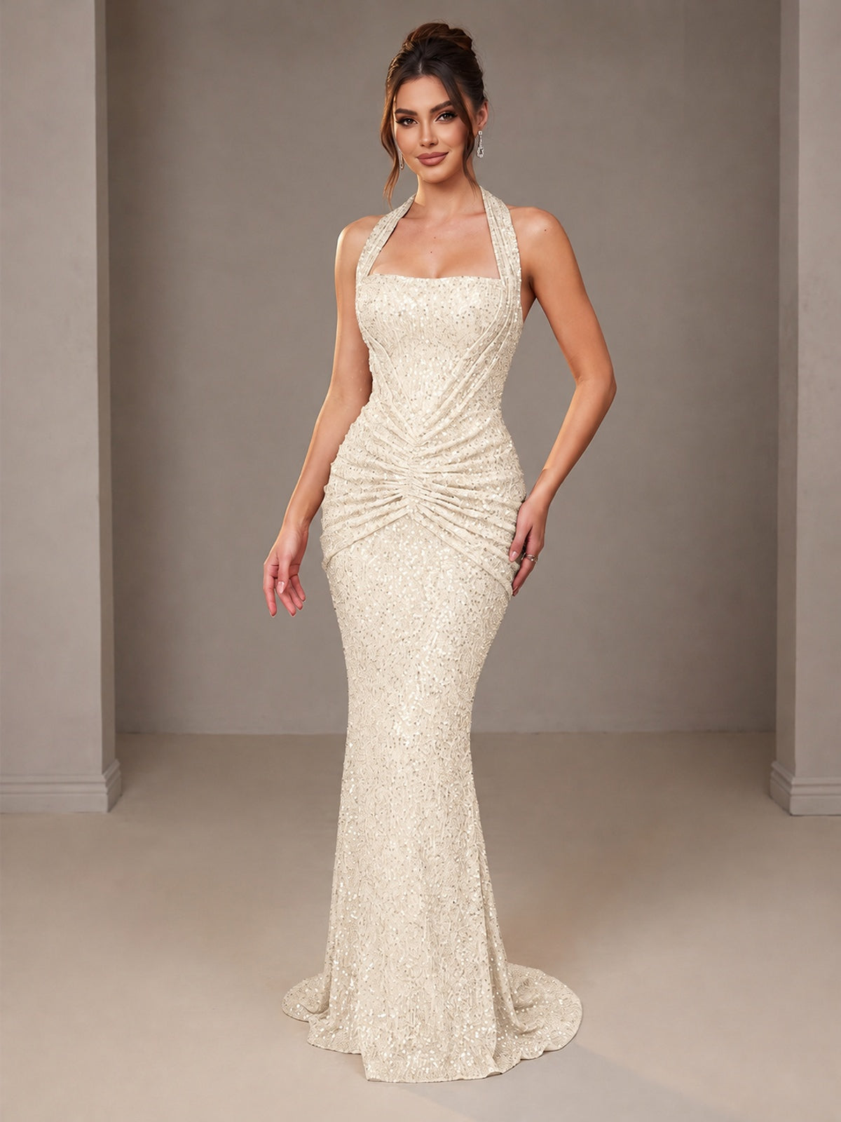 Ivory Halter Sequin Mermiad Ruched Prom Dress Long Ruched Eveing Gown