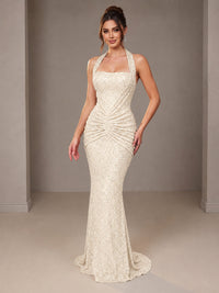 Ivory Halter Sequin Mermiad Ruched Prom Dress Long Ruched Eveing Gown