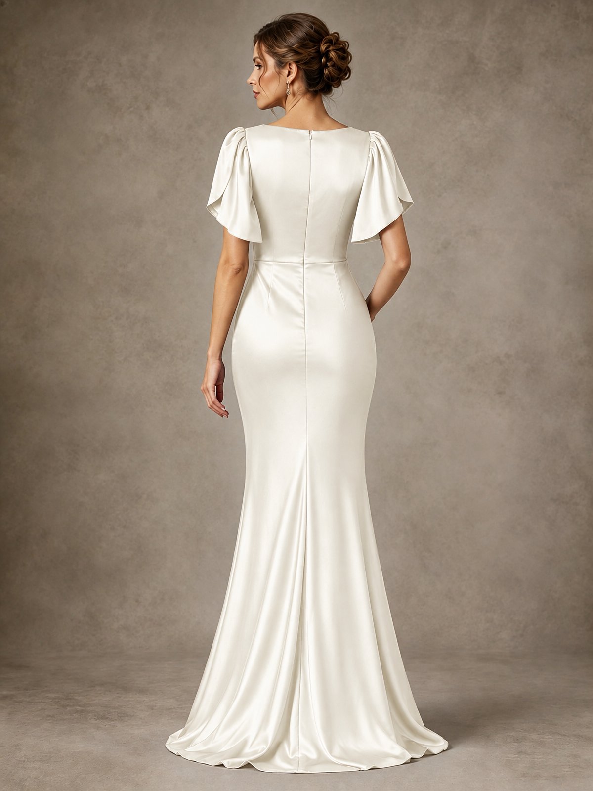 V-Neck Satin Mother of the Bride Dress with Flutter Sleeves