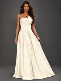Draped Satin Prom Dress Strapless A-line Formal Dress Floor Length