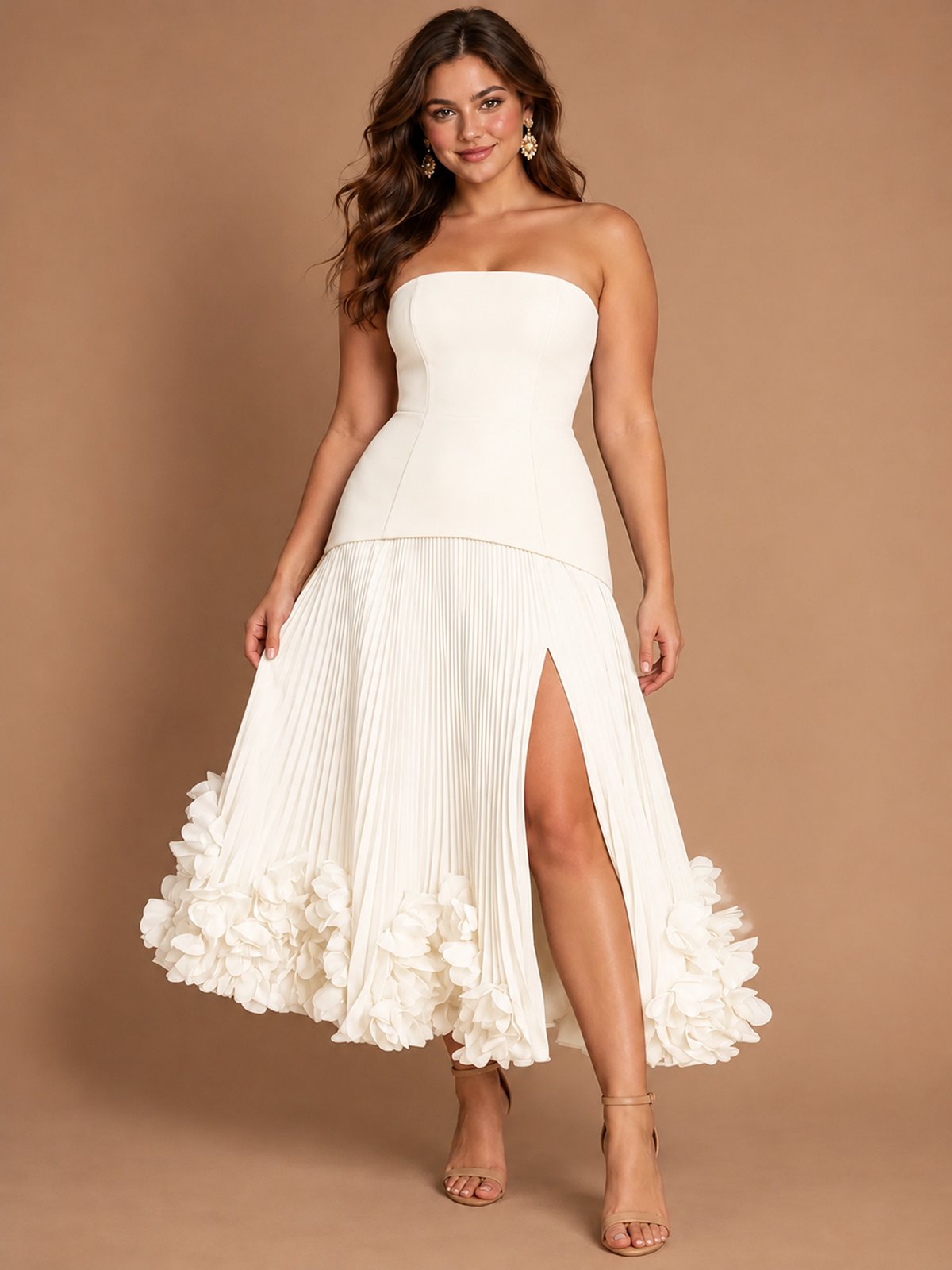 Navy Blue Strapless Pleated A-Line Midi Dress with 3D Floral Applique
