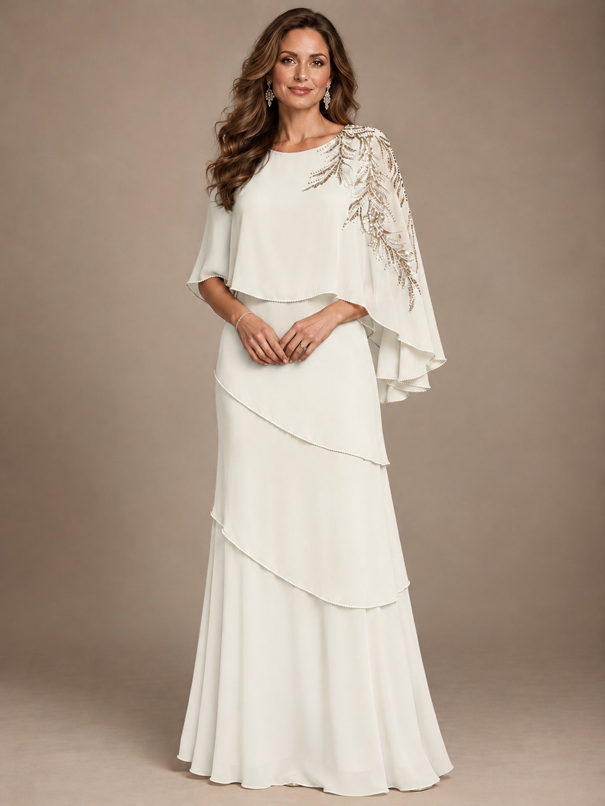 Elegant Chiffon Cape Sleeve Beaded Mother of the Bride Dress