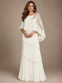 Elegant Chiffon Cape Sleeve Beaded Mother of the Bride Dress