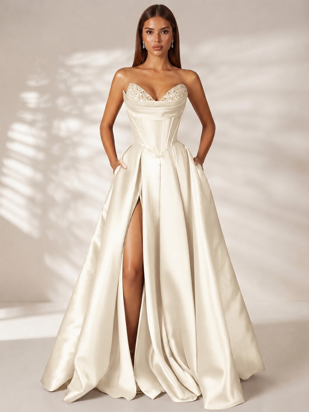 Ivory Strapless Corset Satin Prom Dress Long Evening Gown with High Slit