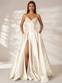 Ivory Strapless Corset Satin Prom Dress Long Evening Gown with High Slit