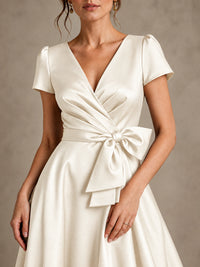 V-Neck Tea-Length Satin Mother of the Bride Dress with Bow
