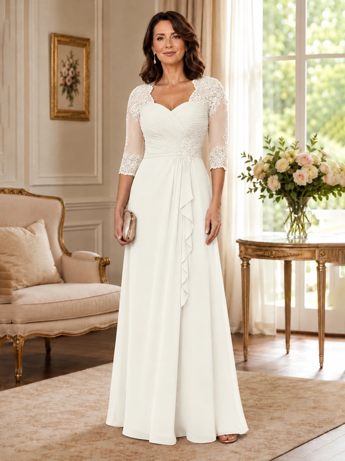 Chiffon Lace Applique Mother of the Bride Dress with 3/4 Sleeves