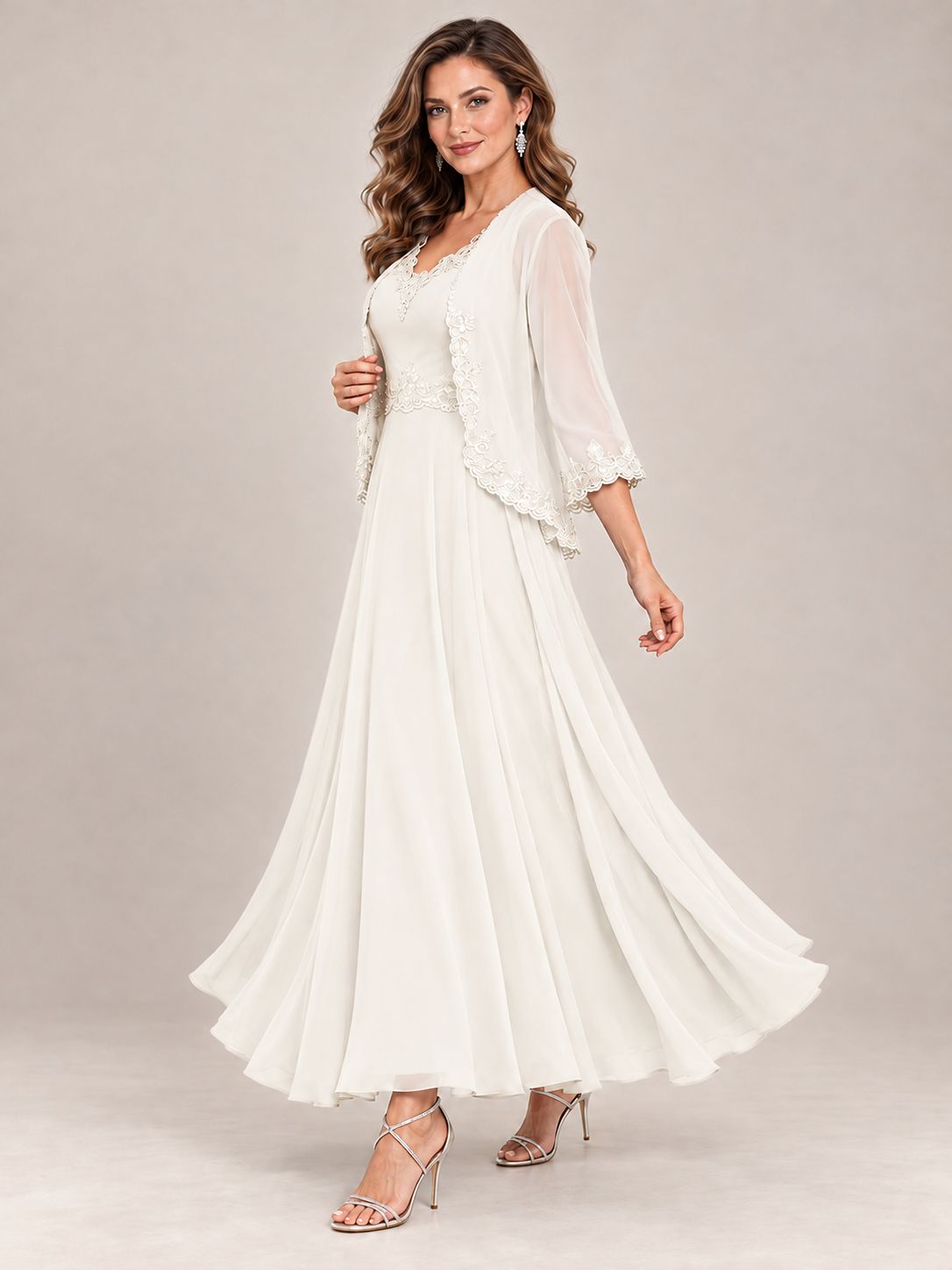 Dusty Blue Floral Lace Chiffon Mother of the Bride Dress with Jacket