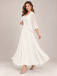 Dusty Blue Floral Lace Chiffon Mother of the Bride Dress with Jacket