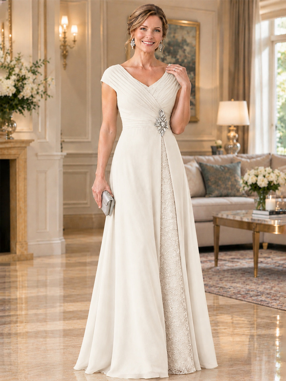 Pleated Chiffon Lace Mother of The Bride Dresses with Beading Cap Sleeves