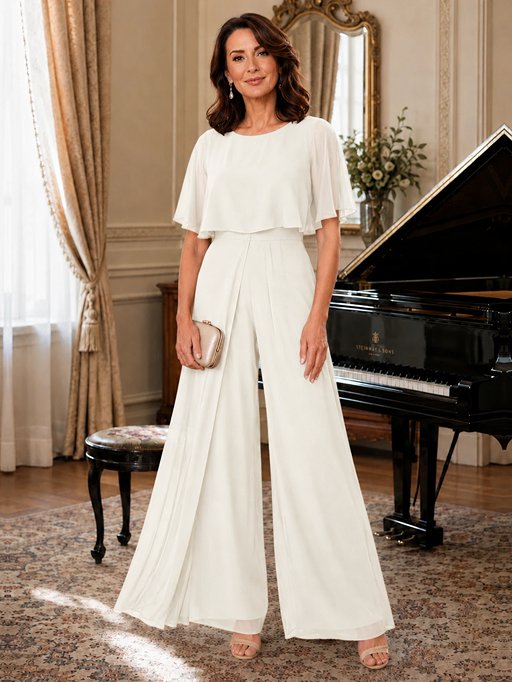 Chiffon Mother of the Bride Jumpsuit with Layered Cape Sleeves