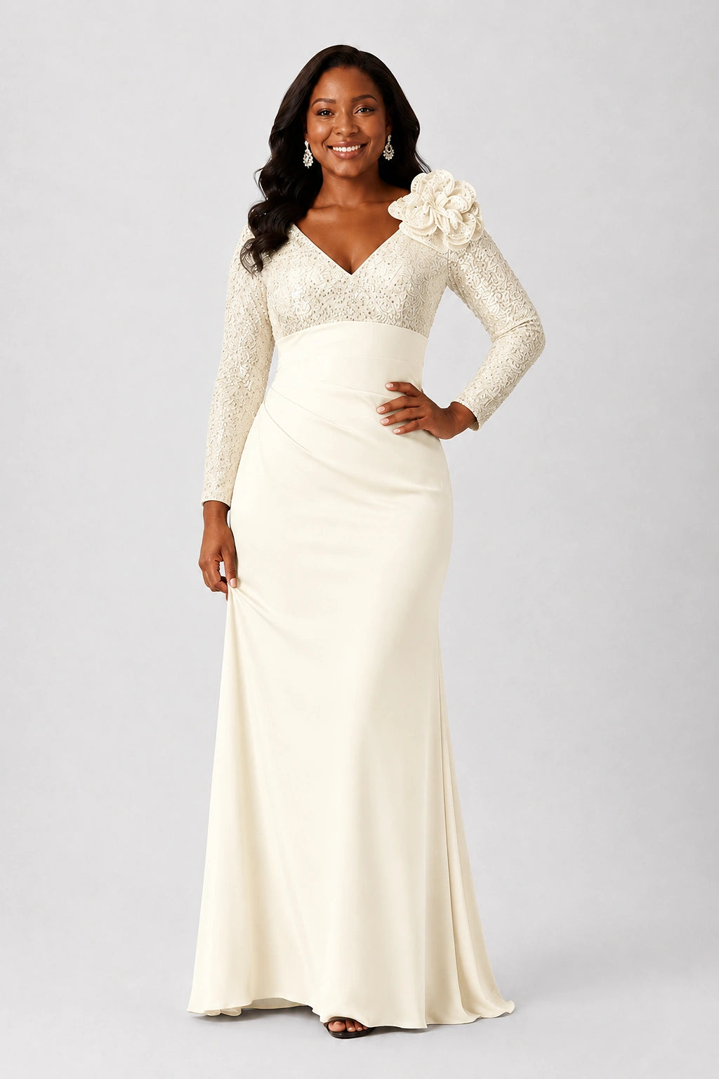 Sequin Mother of the Bride Dress with Long Sleeves 3D Floral V-Neck Gown