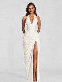 Ruched Halter Neck High-Slit Prom & Evening Dress