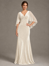 Navy Blue Velvet V Neck Mermaid Formal Dress with Flutter Cape Sleeves