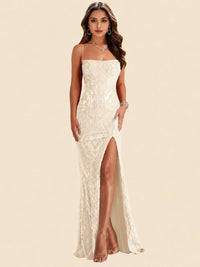Sequin Lace Appliques Mermaid Prom Dress Spaghetti Strap Formal Gowns with Slit
