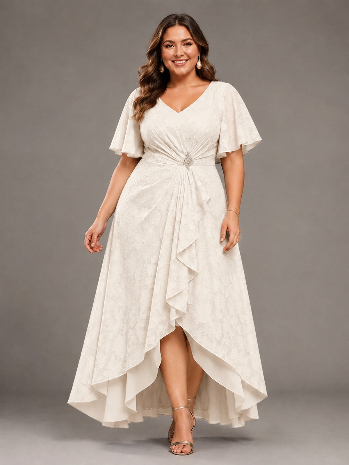 Jacquard Chiffon A-Line V-Neck High-Low Mother of the Bride Dress
